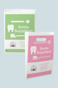 colorful dental goodie bags that are personalized with dental practice name, logo and information will delight patients of all ages.