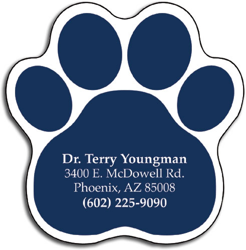 image shows a paw shaped magnet that's personalized with a veterinary practice name and contact information