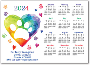 image shows a calendar personalized with a veterinary name and practice information with watercolor heart and pawprint shapes