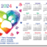 image shows a calendar personalized with a veterinary name and practice information with watercolor heart and pawprint shapes